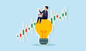 A businessman holds a laptop while sitting on a lamp in front of a stock chart, illustration of creativity in analyzing opportunities to gain profit from stocks vector