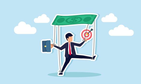 A businessman as a puppet tied with strings connected to dollar money holds a target board, illustration of binding business project rules to achieve business targets vector