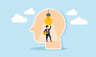A businessman holds a star inside a head shape while fixing a lamp, illustration of maintaining ideas and innovation to deliver new business insights and improve ratings and quality vector