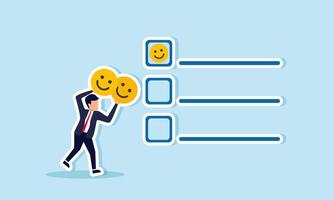 A businessman tries to mark a happy emoticon on a checklist box, illustration of giving assessments on satisfaction with business services vector