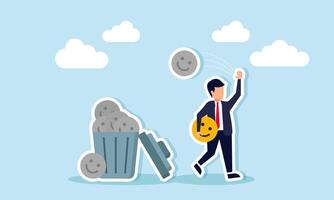 A businessman walks carrying a happy emoticon and throws a grayscale happy emoticon into a trash bin, illustration of step-by-step gaining increasing market attention vector