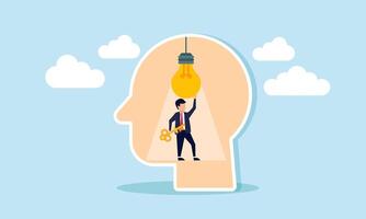A businessman holds a key inside a head shape while fixing a lamp, illustration of maintaining ideas and innovation to provide new solutions for business challenges vector