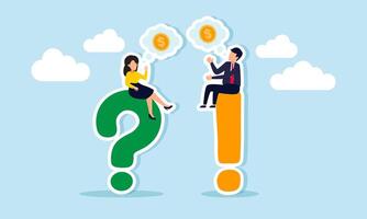 A businessman sits on an exclamation mark while a businesswoman sits on a question mark, each talk with a dollar coin-labeled dialogue box, differing opinions in financial strategies vector