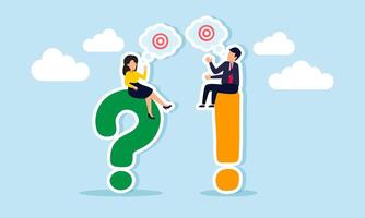 A businessman sits on an exclamation mark while a businesswoman sits on a question mark, talk with a target board labeled dialogue box, differing opinions to achieve business targets vector