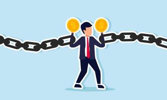 A businessman holds a dollar coin in each hand chained together, illustration of financial rules binding to ensure proper allocation of company finances vector