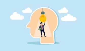 A businessman holds a dollar sign inside a head shape while fixing a lamp, illustration of maintaining ideas and innovation to continuously bring value to business profits vector