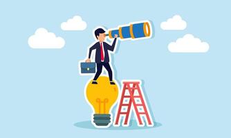 A businessman uses a telescope from atop a lamp, illustration of analyzing and observing business idea trends currently growing vector