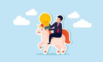 A businessman carries a lamp while riding a unicorn, illustration of creativity in bringing new ideas and innovations to maintain the growth of unicorn-level startup businesses vector