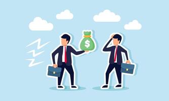 A businessman gives a money bag to another businessman with a speech bubble, illustration of discussions about bribery or corruption practices in business vector