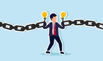 A businessman holds a lamp in each hand chained together, illustration of creativity in business innovation constrained by company rules vector