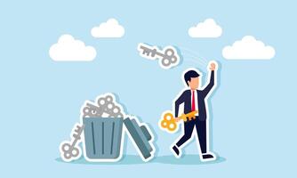 A businessman walks carrying a key and throws a grayscale key into a trash bin, illustration of step-by-step solving multiple business problems vector