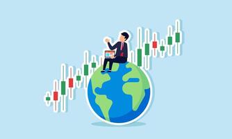 A businessman holds a laptop while sitting on a globe in front of a stock chart, illustration of a top global investor analyzing opportunities to gain profit from stocks vector