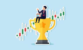 A businessman holds a laptop while sitting on a trophy in front of a stock chart, illustration of a top investor analyzing opportunities to gain profit from stocks vector