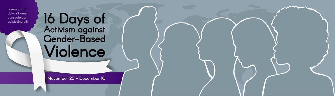 Long horizontal Banner for 16 Days of Activism against Gender-Based Violence with silhouettes of Women of different ethnic groups and white ribbon. colorful illustration
