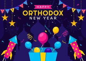 January 14 Orthodox New Year Featuring a Church and Festive Fireworks vector