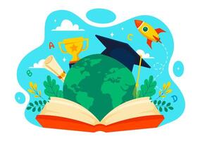 Education Day Design Featuring Knowledge Symbols, Students, and the Earth Globe vector