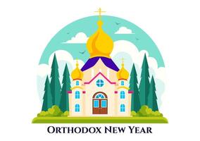 Orthodox New Year Holiday with Fireworks and Church Design in Cartoon Style vector