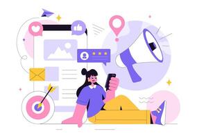 Public Relations Concept Illustration with a Team Creating Marketing Strategies to Promote Business Through Mass Media vector