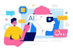 AI Technology and Scientific Systems Illustration Featuring a Digital Brain vector