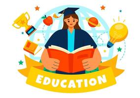 Education Day Poster with Learning Tools, Students, and a Globe in a Flat Illustration Style vector