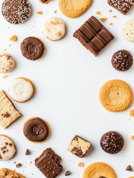 un vistoso variedad de galletas y dulces esmeradamente desplegado en un blanco superficie, dejando un blanco zona para agregando texto o diseños foto