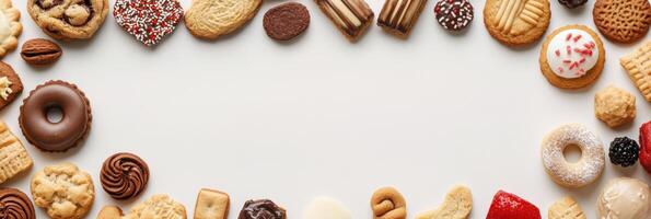 A colorful array of cookies and sweets arranged around an empty space, ideal for adding personalized messages or details. photo