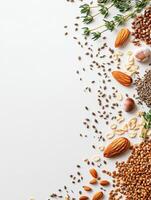 A composition of assorted organic seeds, nuts, and fresh herbs arranged on a white surface, providing ample space for custom text insertion. photo