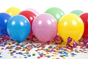 Colorful party supplies including balloons, confetti, and ribbons are arranged on a white background, creating a festive atmosphere. photo