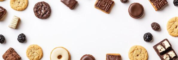 Delicious assortment of cookies and sweets elegantly displayed on a plain white background, leaving ample space for your custom message. photo