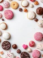 An delightful array of sweets and cookies in various shapes and colors sits on a white background, featuring generous blank space for creative text. photo