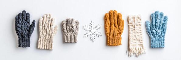 Colorful knitted gloves and a warm scarf are arranged with delicate snowflakes, creating a perfect wintry display for festive greetings. photo