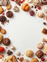 An array of colorful sweets and cookies is displayed against a white background, leaving empty space for custom text or messages. photo