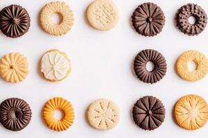 A delightful selection of various cookies and sweets is displayed on a clean white background, inviting creativity with its empty area for text. photo