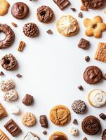 A variety of sweets and cookies are beautifully arranged on a white surface, featuring an empty space for personalized text or messages. photo