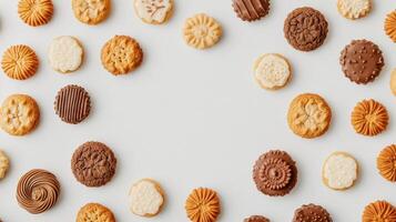 An array of colorful cookies and sweets is artfully placed on a plain white background, featuring a blank area for adding text. photo