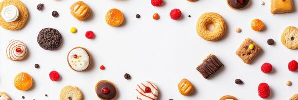 An enticing display of colorful sweets and cookies created for a feast, featuring a blank area for personal notes or messages. photo
