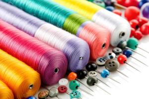 Discover a variety of sewing essentials including vibrant threads, buttons, and needles, perfectly arranged on a plain background for easy viewing. photo
