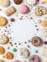 Variety of colorful cookies and sweets arranged on a white background, featuring a circular design with space for text or branding. photo