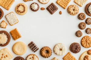 Colorful cookies and sweets arranged beautifully on a clean white background, perfect for adding personalized messages or designs. photo