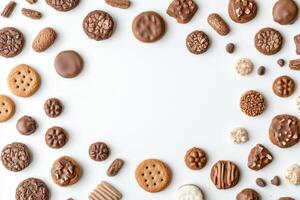 A visually appealing collection of various sweets and cookies is arranged on a white backdrop, leaving space for personalized text or messages. photo