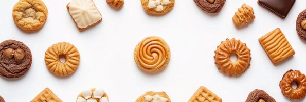 Colorful sweets and cookies scattered on a white surface, providing an inviting visual for any dessert lover with blank space for text. photo