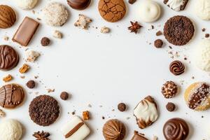 Colorful arrangement of various sweets and cookies on a white background, perfect for adding personalized text or designs. photo