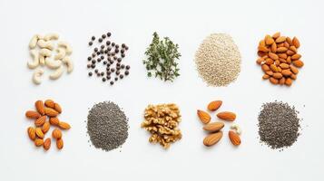 Various organic seeds, nuts, and herbs are displayed on a white background, providing ample space for promotional text or descriptions. photo