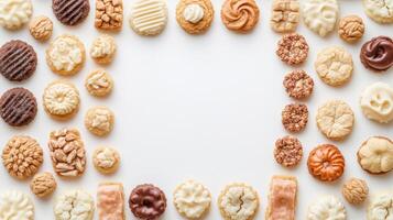 A variety of colorful cookies and sweets are artistically arranged on a clean white background, leaving space for personalized text or design. photo