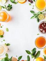 Various drinks including juice, tea, and soda are beautifully arranged with fresh mint and fruits, creating a vibrant, inviting atmosphere. photo