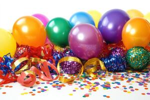 Brightly colored balloons, shiny confetti, and festive ribbons are arranged on a white background, providing a cheerful setting for celebration. photo