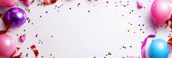 Bright party supplies including colorful balloons, shiny ribbons, and fun confetti arranged on a white background with space for messages. photo