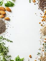 An assortment of organic seeds, nuts, and herbs is artfully displayed on a white background, providing ample space for creative text and designs. photo