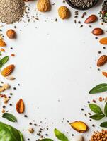 A variety of organic seeds, nuts, and herbs are beautifully arranged on a white surface, offering ample space for additional text or branding. photo