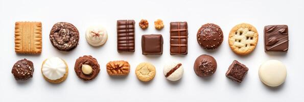 Treat yourself to an enticing selection of cookies and sweets on a clean white background, inviting creativity for text or decoration. photo